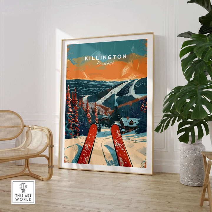 Vintage Killington travel poster featuring skiing in Vermont with a scenic mountain backdrop and colorful design.