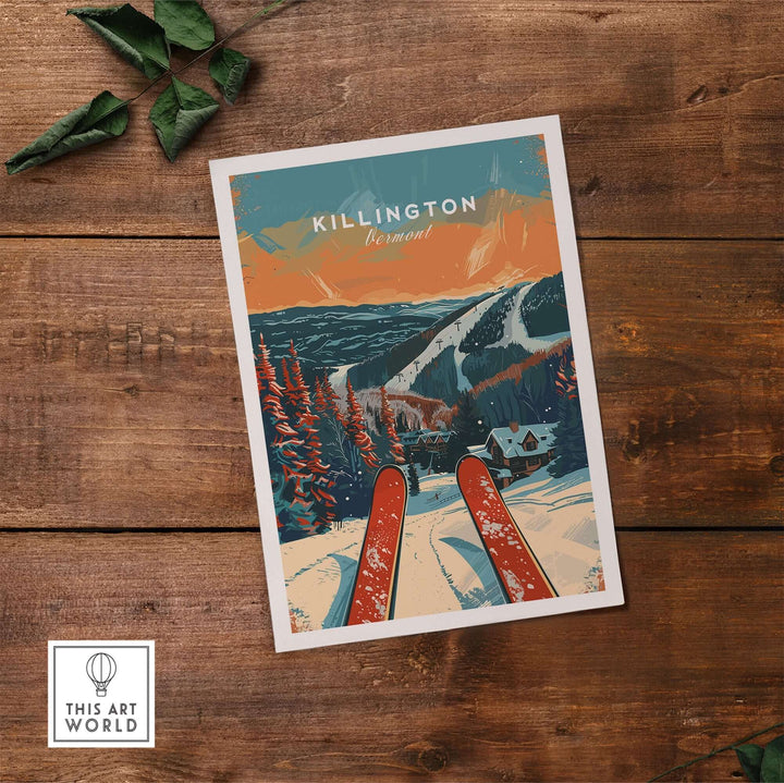 Killington travel poster showcasing skiing in Vermont with a picturesque mountain landscape and vibrant colors.