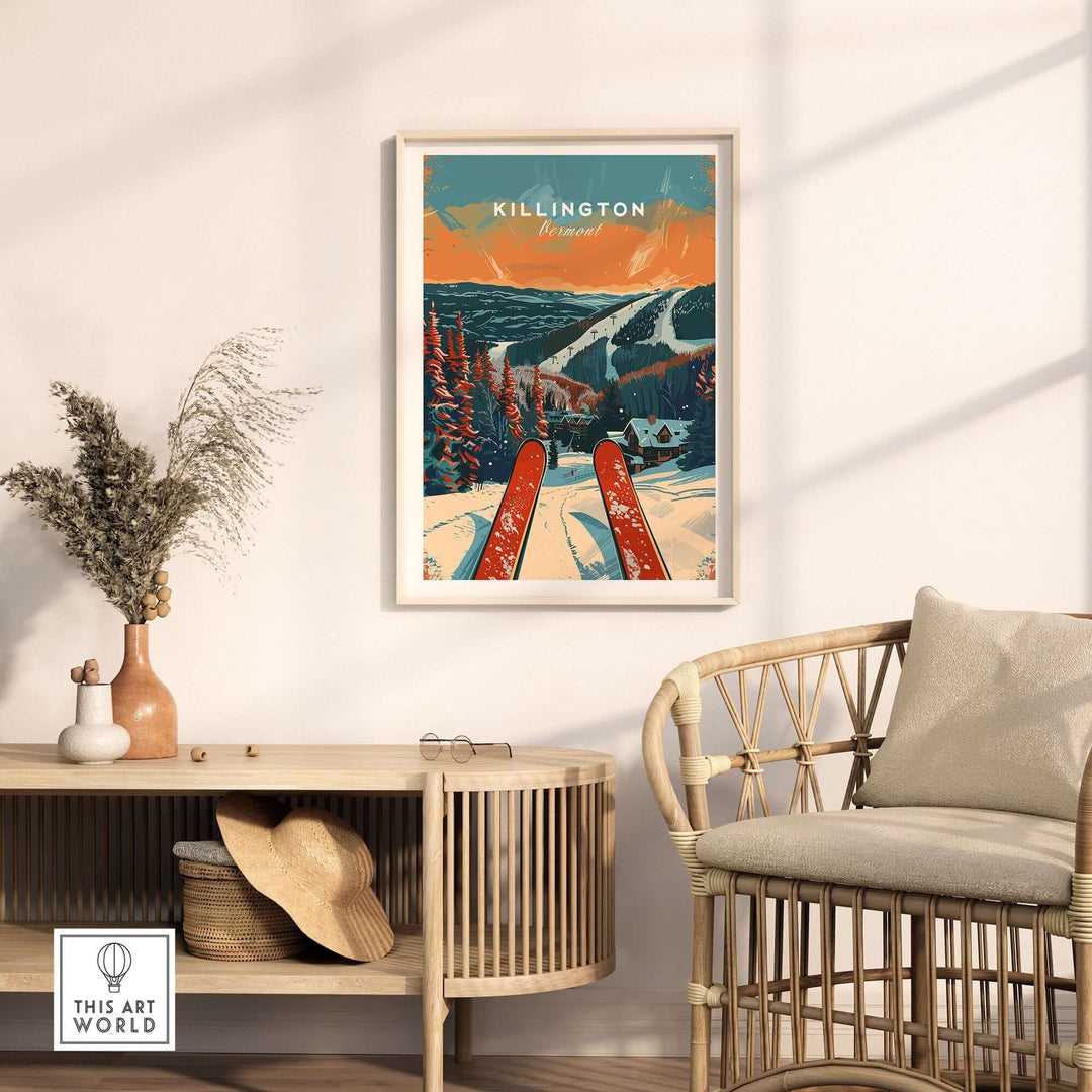 Killington travel poster featuring ski slopes and vibrant colors, perfect for home decor and ski enthusiasts in Vermont.