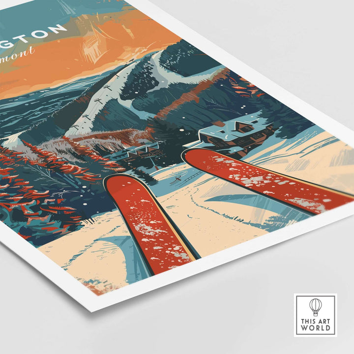 Killington travel poster showcasing skiing in Vermont with mountains, trees, and vibrant colors. Perfect for ski enthusiasts and decor.