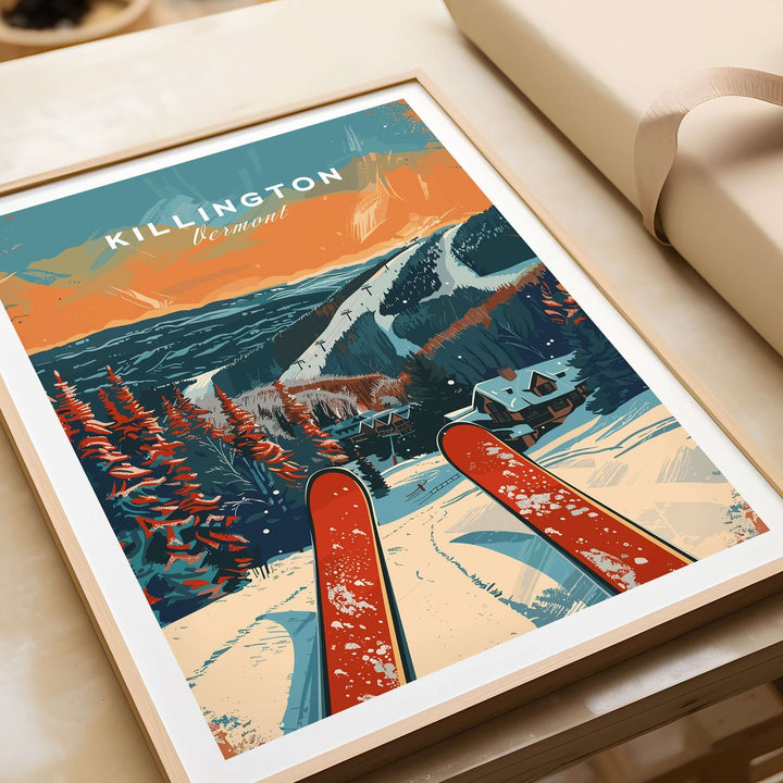 Killington travel poster showcasing ski slopes and mountains in Vermont, perfect for ski enthusiasts and home decor.