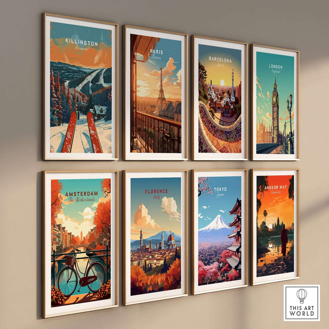 Collection of travel posters including Killington, Paris, Barcelona, London, Amsterdam, Florence, Tokyo, and Angkor Wat.