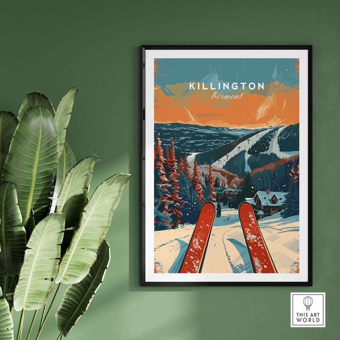 Killington travel poster featuring skis and snow-covered mountains in Vermont, perfect for home decor or ski enthusiasts.