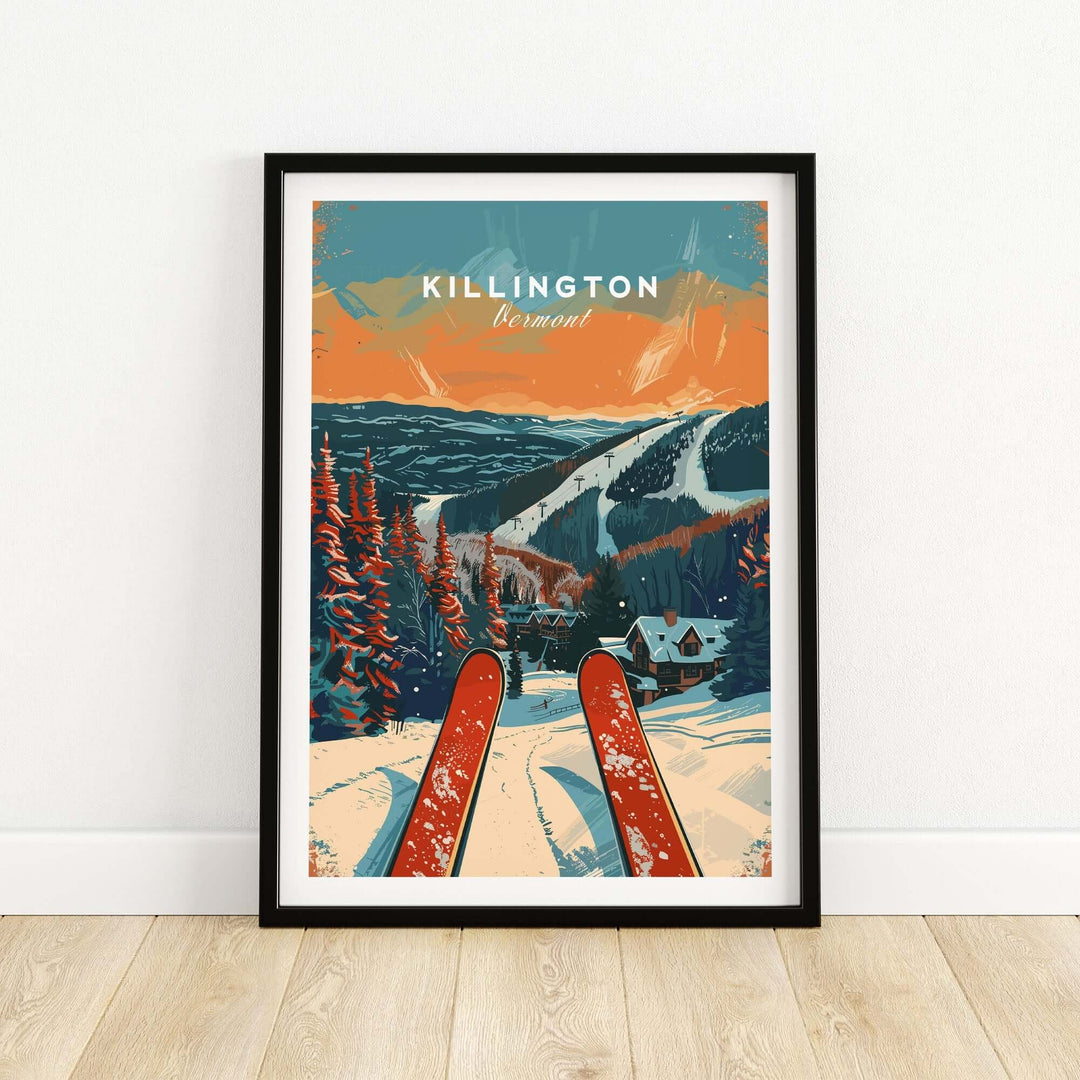 Killington travel poster featuring skis, mountains, and a picturesque Vermont landscape in vibrant colors.