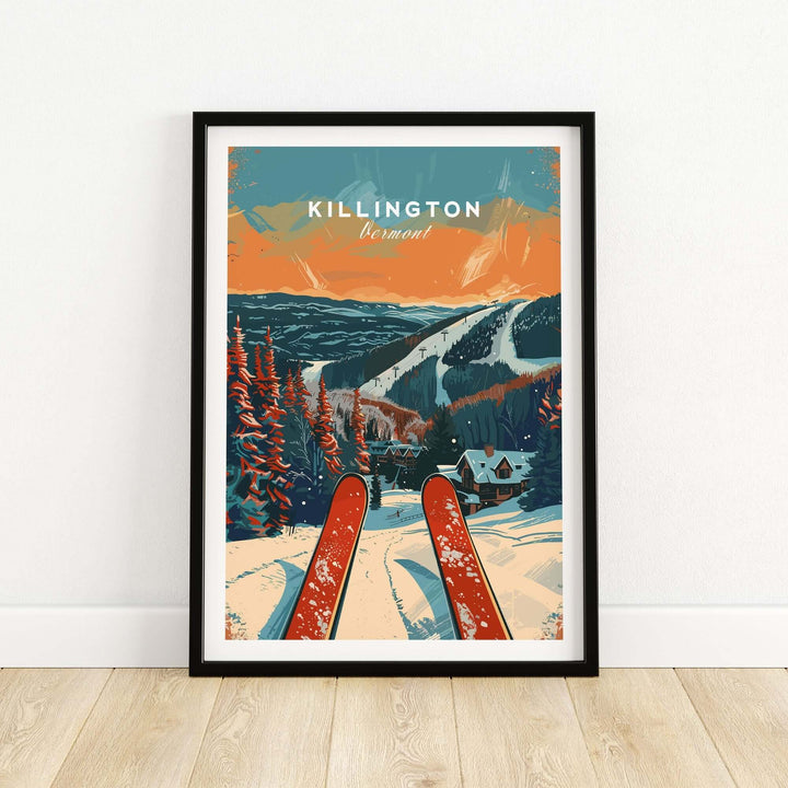 Killington travel poster featuring skis, mountains, and a picturesque Vermont landscape in vibrant colors.