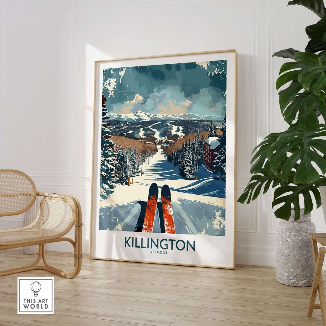 Killington Vermont wall art poster featuring a scenic winter landscape with skis in a bright, modern living space.