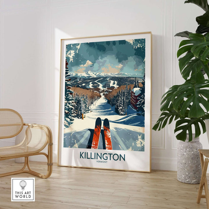 Killington Vermont wall art poster featuring a scenic winter landscape with skis in a bright, modern living space.