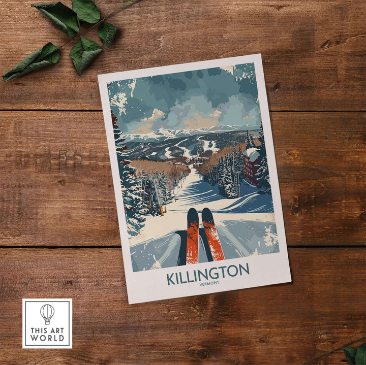 Vintage-style Killington wall art poster featuring a snowy ski slope scene with skis, displayed on a rustic wooden table.