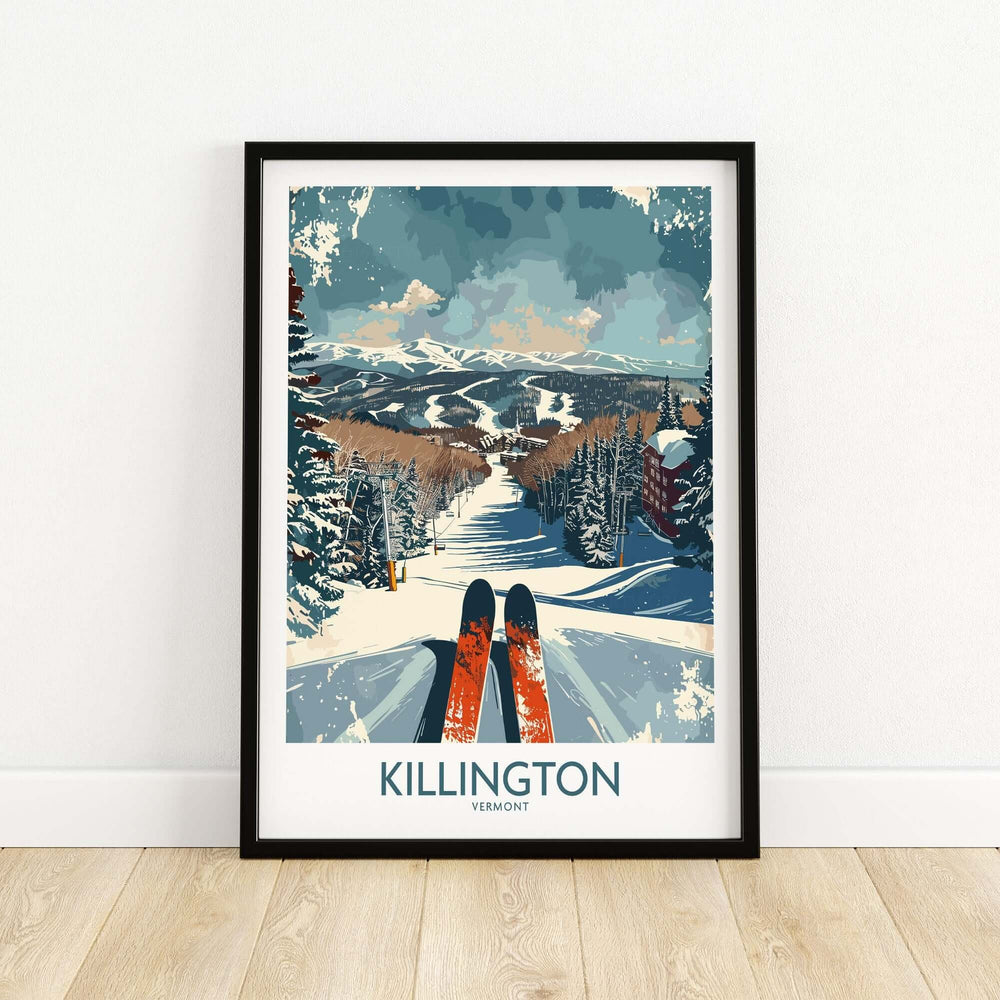 Vintage-style Killington Vermont ski resort wall art poster featuring snowy landscape and skis, perfect for home decor.