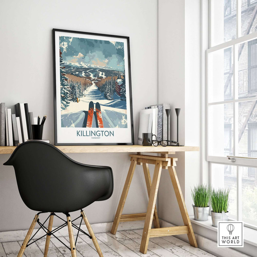 Killington wall art poster in modern home office setting with a view of a winter landscape and skis, enhancing decor elegance