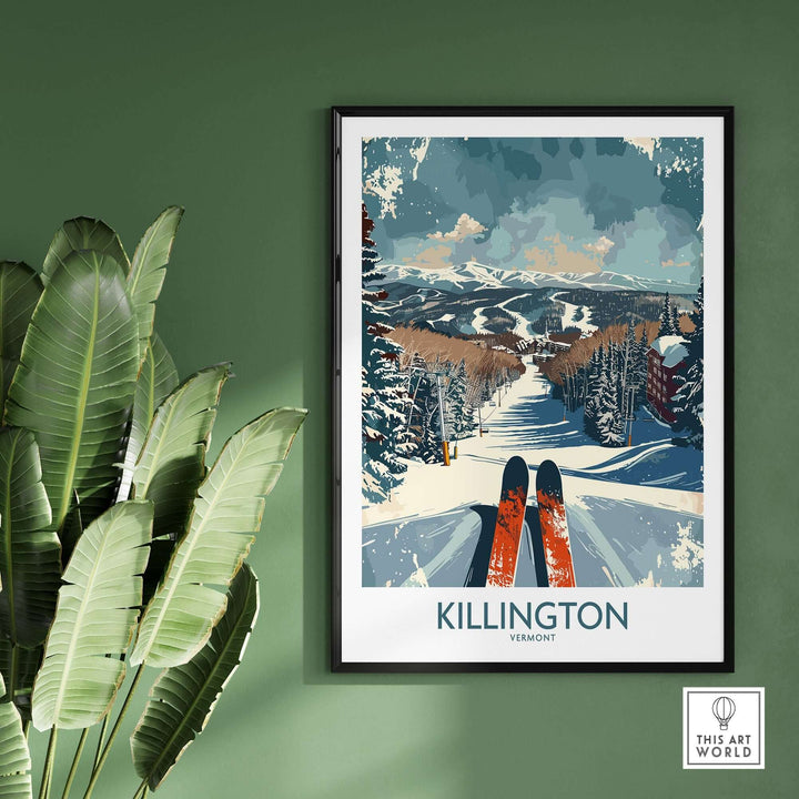 Killington Wall Art Poster featuring a scenic view of snowy mountains and skis, framed and displayed on a green wall.