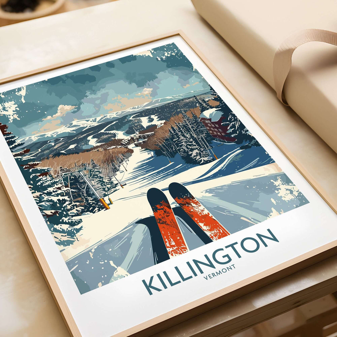 Killington Vermont wall art poster featuring a scenic mountain ski landscape with colorful skies and snow-covered trees.