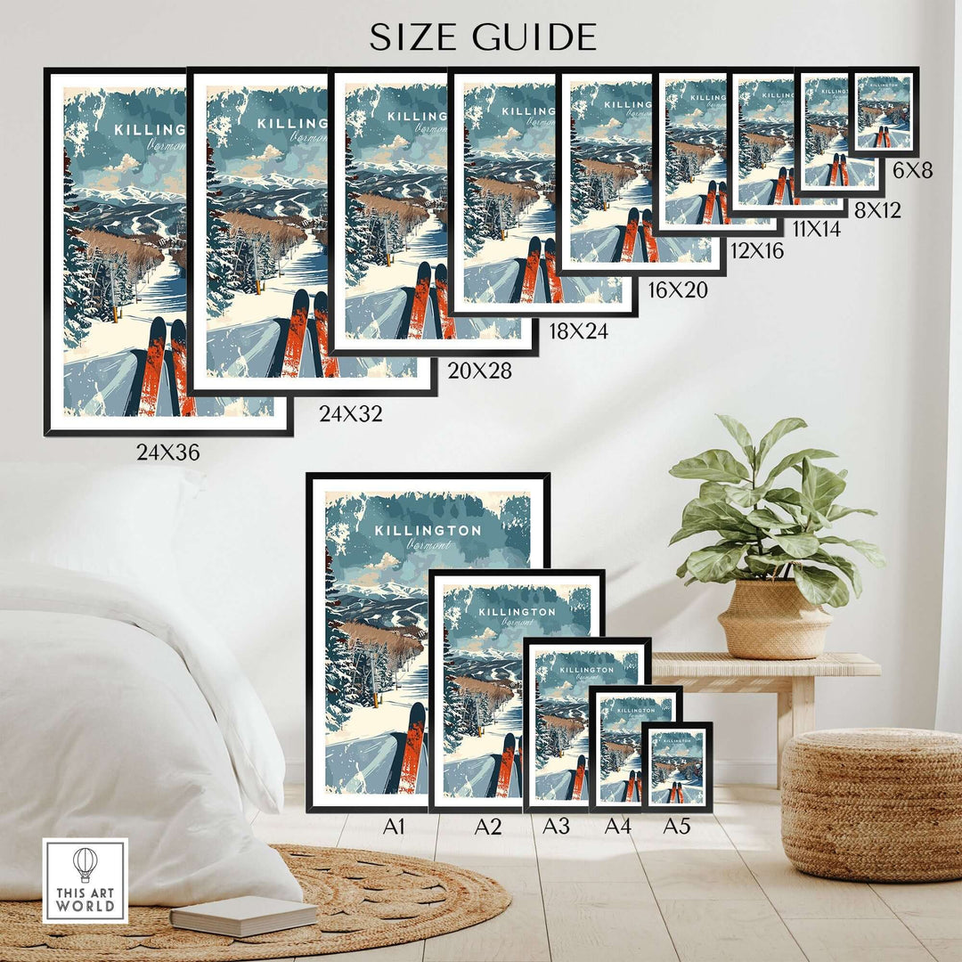 Killington Wall Art Print Size Guide - Ski Poster Vermont in multiple sizes showing a winter mountain scene with skis.