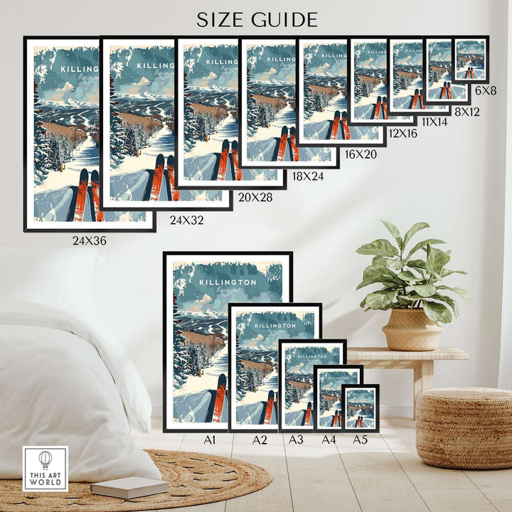 Killington Wall Art Print Size Guide - Ski Poster Vermont in multiple sizes showing a winter mountain scene with skis.