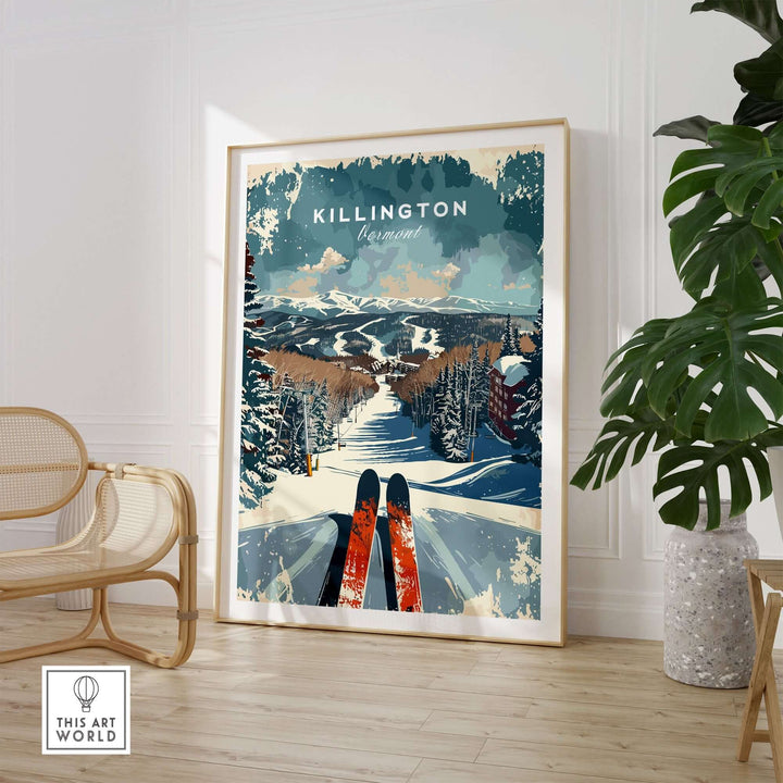 Killington Wall Art Print featuring a ski scene in Vermont, showcasing snowy mountains and vibrant skis in a modern living room.