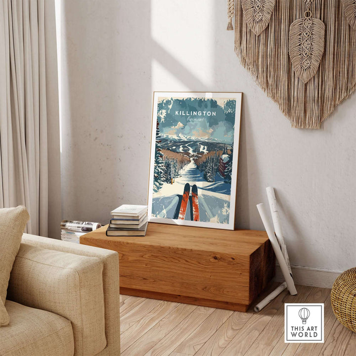 Killington Wall Art Print showcasing snowy ski slopes in Vermont, displayed on a wooden bench in a cozy room setting.