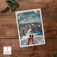 Vintage Killington Vermont ski poster wall art on wood background
