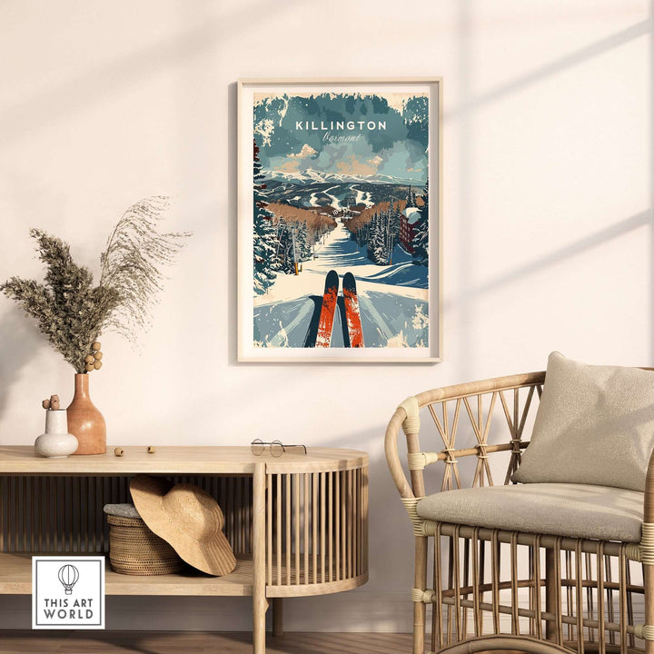 Killington Vermont ski poster wall art print displayed in a cozy living room with plants and wicker furniture.