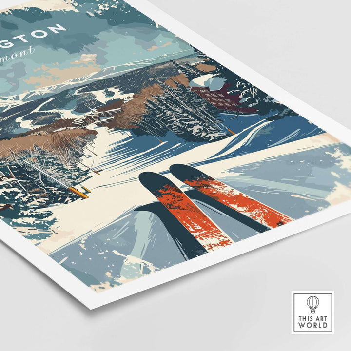 Killington Wall Art Print featuring a vibrant ski scene in Vermont with mountains and trees, perfect for ski lovers and home decor.