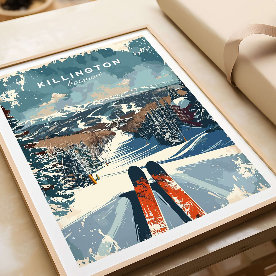 Killington Vermont ski wall art print featuring vintage-style poster with snowy landscape and skis.