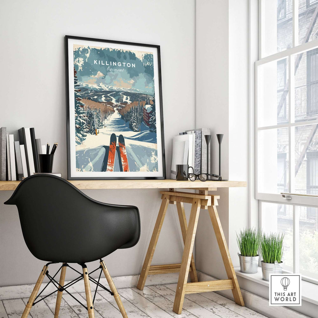 Stylish living room with Killington ski poster, Vermont wall art print, framed and displayed on a minimalist wooden desk.