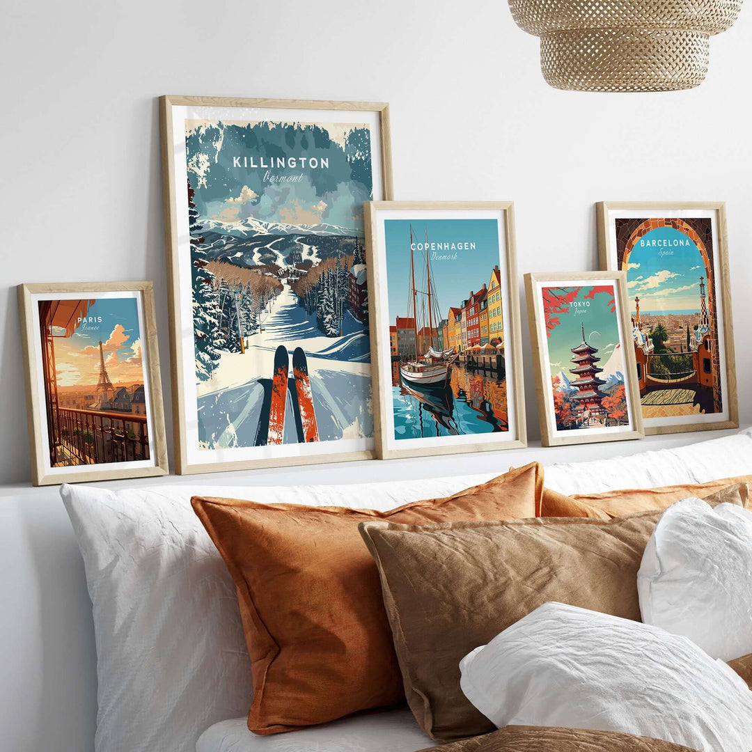 Killington ski poster with Vermont landscape on modern wall art display, alongside travel-themed prints.