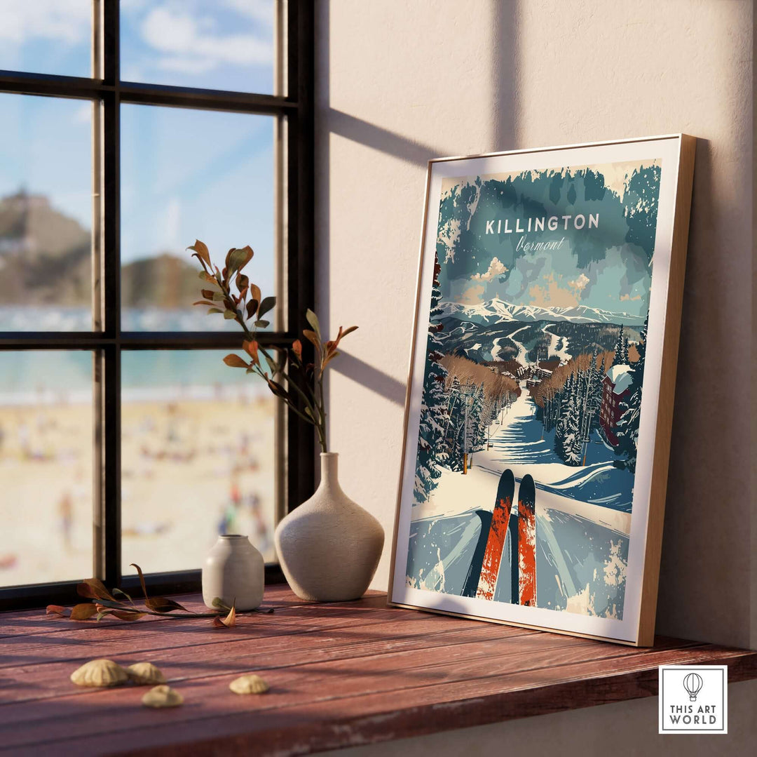 Killington wall art print featuring a Vermont ski scene displayed on a sunny windowsill.