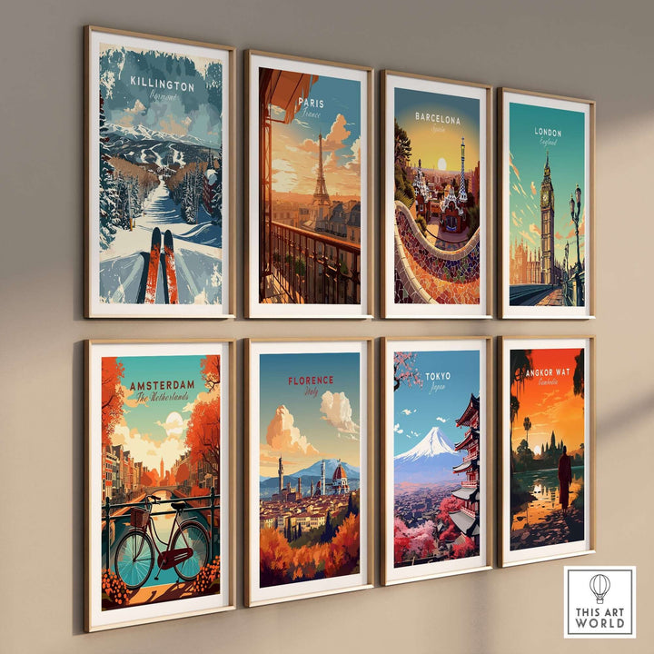 Gallery of world city poster art prints including Killington, Paris, Barcelona, and more on a wall display.