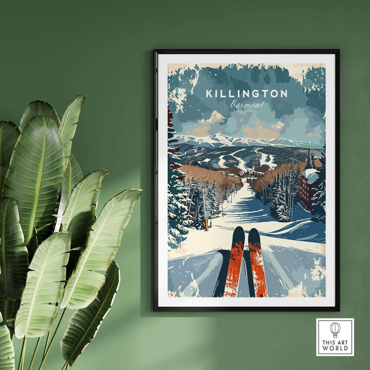 Vintage Ski Poster of Killington Vermont with Skis and Snowy Mountain Scene Wall Art Print