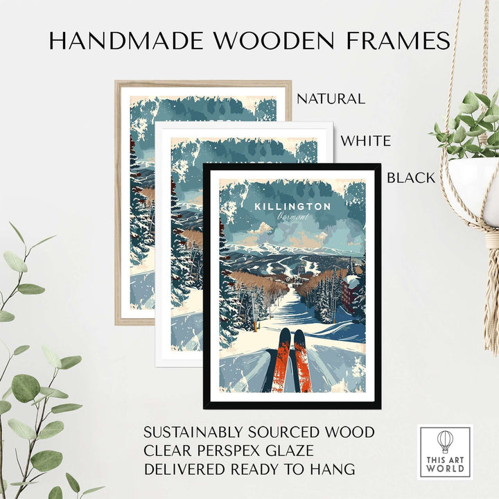 Killington wall art print in handmade wooden frames with ski scene in Vermont, available in natural, white, and black finishes.