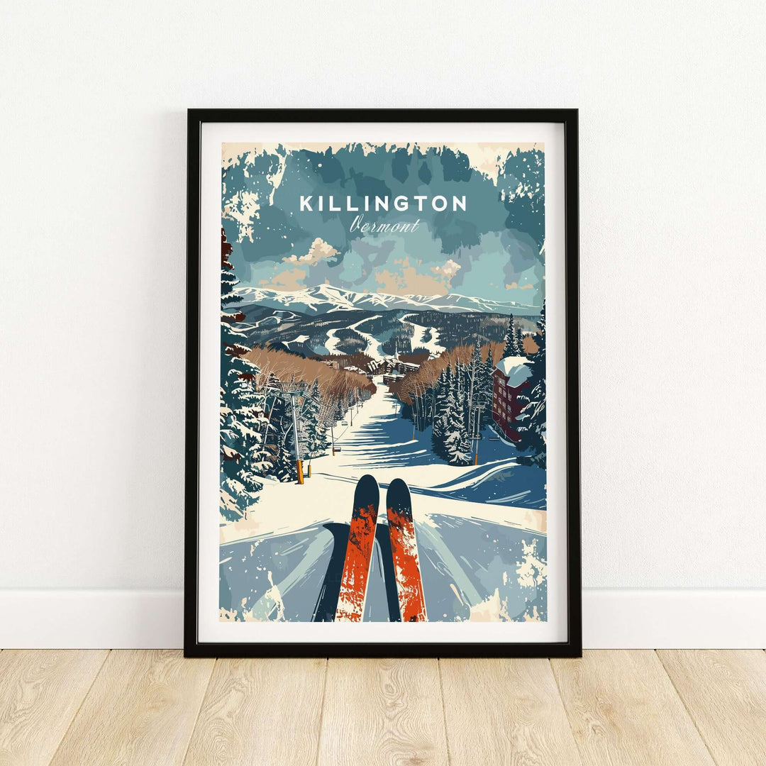 Vintage Killington Vermont ski poster, featuring a snowy mountain landscape and skis, perfect wall art for winter sports enthusiasts.