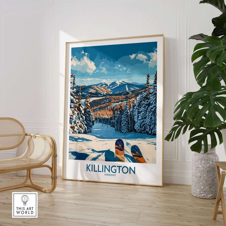 Killington Wall Art featuring Vermont Ski Print with stunning mountain view, framed and displayed in a cozy room setting.