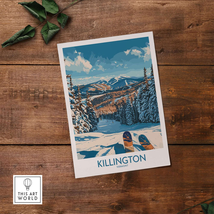 Killington ski print wall art depicting Vermont's scenic snowy mountains on rustic wood background.