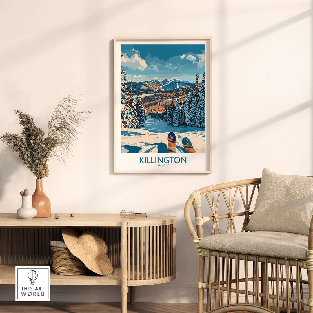 Killington Vermont ski print wall art in cozy room, featuring snow-covered mountains and skis.