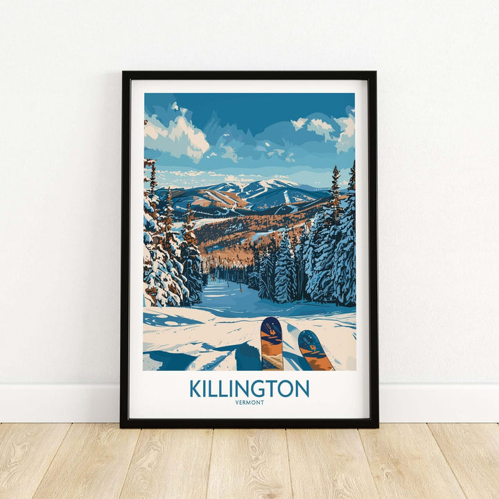 Killington Vermont ski print wall art featuring snowy mountains and trees, ideal for ski lovers and home decor enthusiasts.