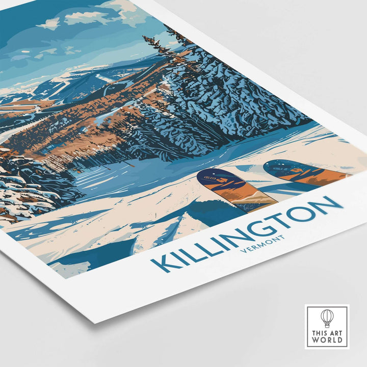 Killington Vermont ski print wall art depicting snowy mountains and trees.