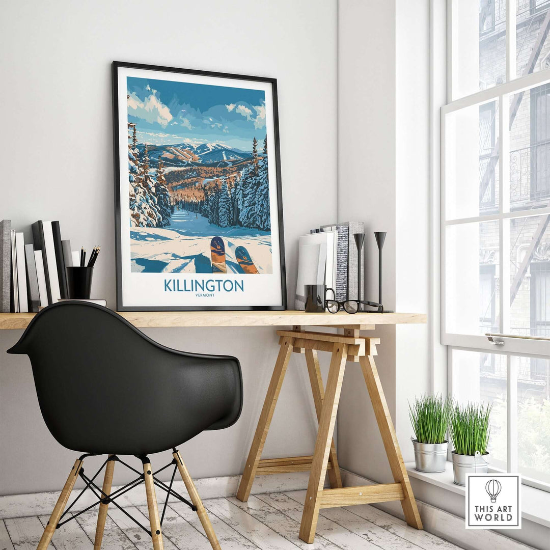 Killington Vermont ski wall art displayed in modern home office setting with natural light