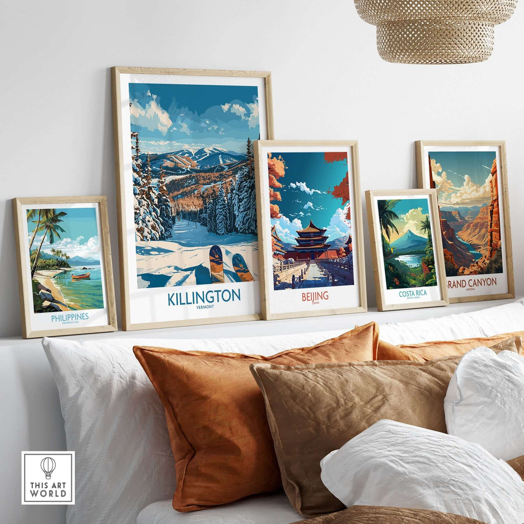 Collection of framed travel-themed wall art prints featuring Killington, Beijing, Costa Rica, Philippines, and Grand Canyon.