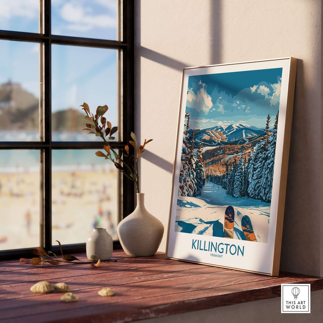 Ski-themed Killington Vermont wall art print displayed on a sunlit windowsill with scenic mountain view.