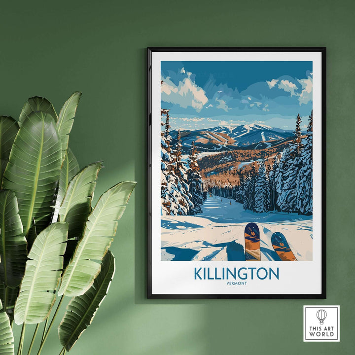 Scenic Killington Vermont ski wall art print displayed above indoor plants in a room.