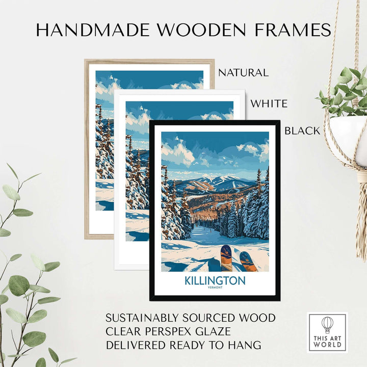 Killington Wall Art in Handmade Wooden Frames - Natural, White, Black Options - Vermont Ski Print with Sustainable Materials