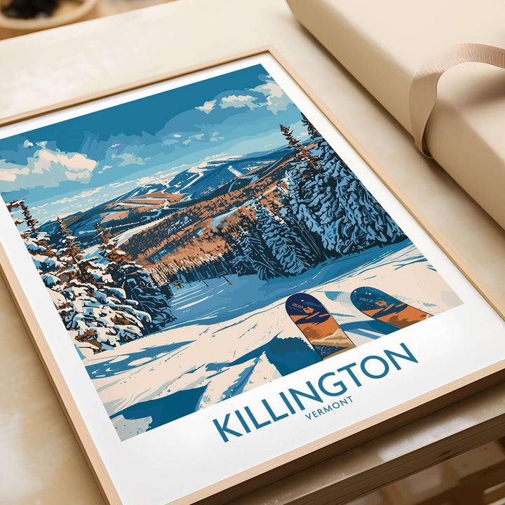 Killington Vermont ski print wall art featuring snowy mountain landscape with skis, perfect for winter sports enthusiasts.