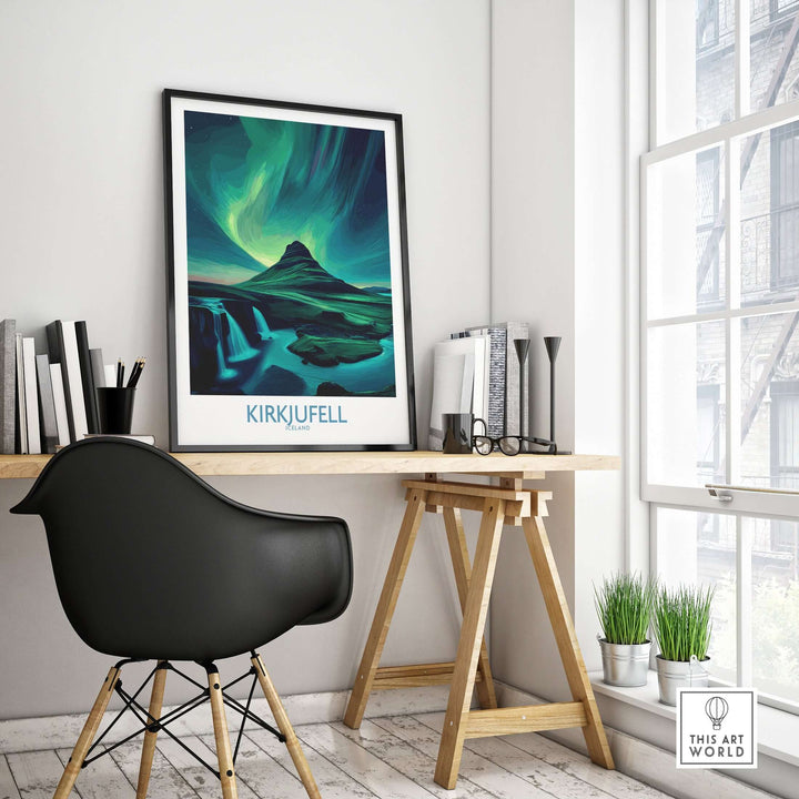 Kirkjufell Iceland Art Print | Waterfall Poster displayed in a stylish interior setting with greenery.