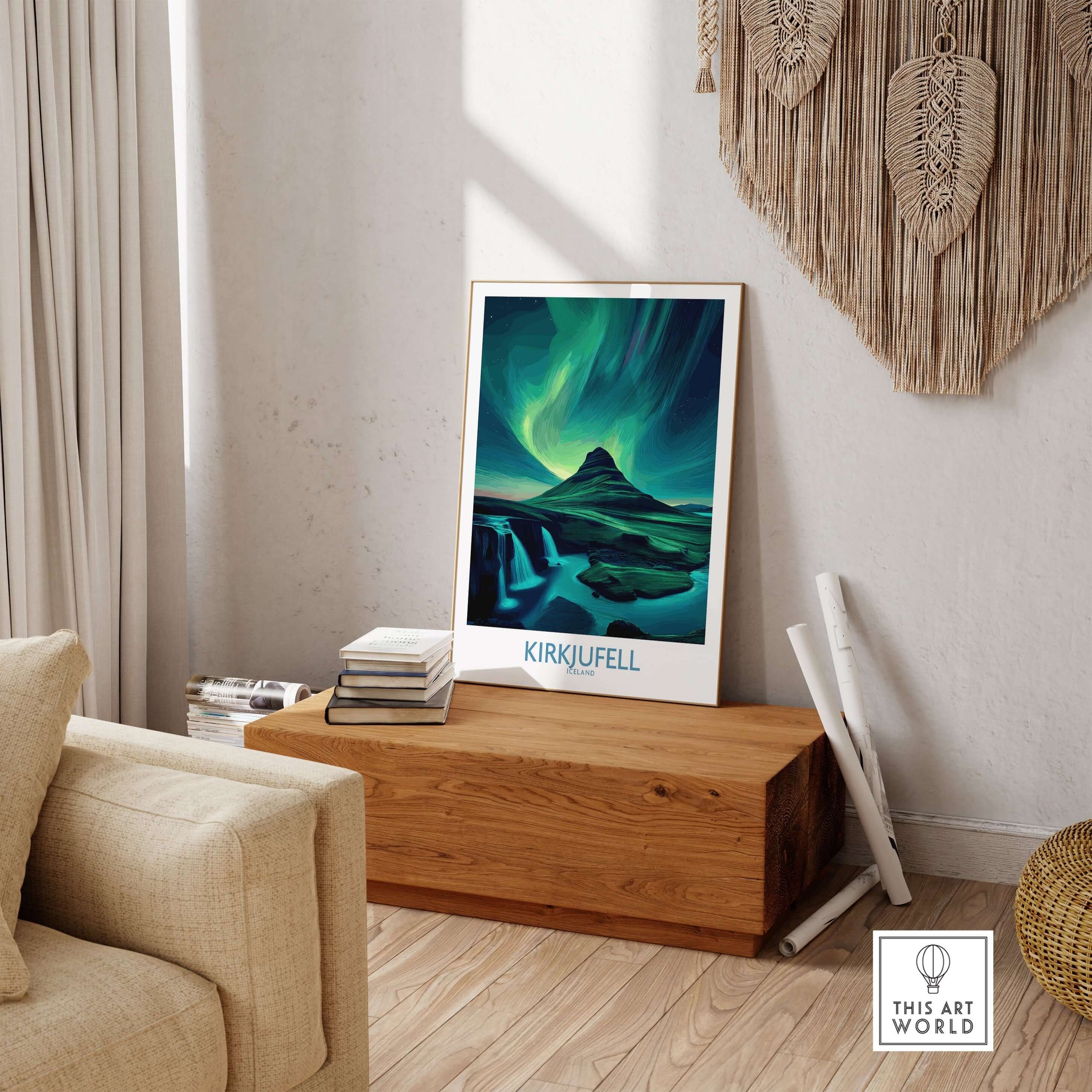 Kirkjufell Iceland Art Print | Waterfall Poster displayed in a modern interior with a wooden chest and comfortable sofa.