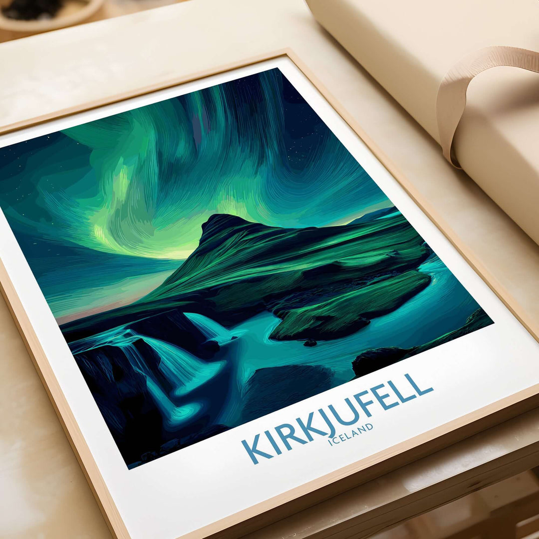 Kirkjufell Iceland Art Print | Waterfall Poster featuring a vibrant illustration of Kirkjufell Mountain with waterfalls.