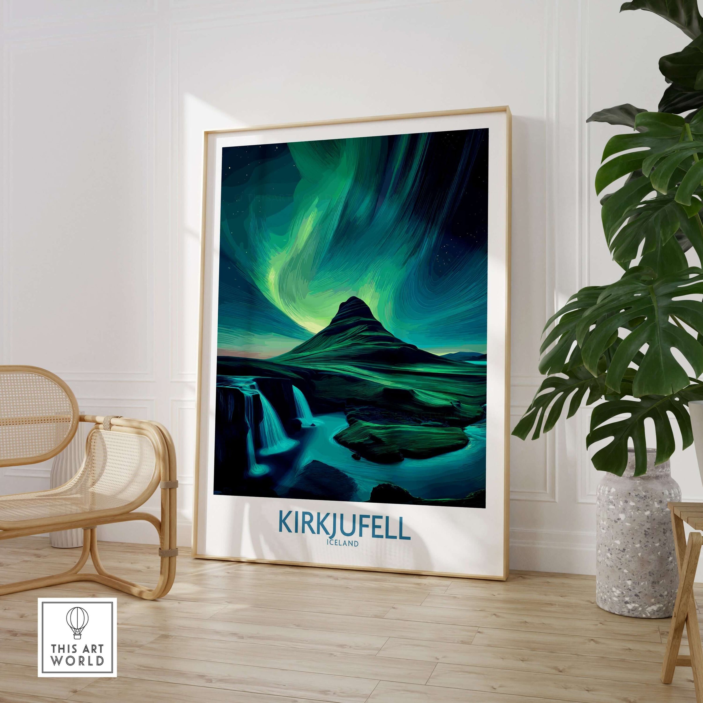Kirkjufell Iceland Art Print | Waterfall Poster featuring a vibrant mountain mural and serene waterfall.