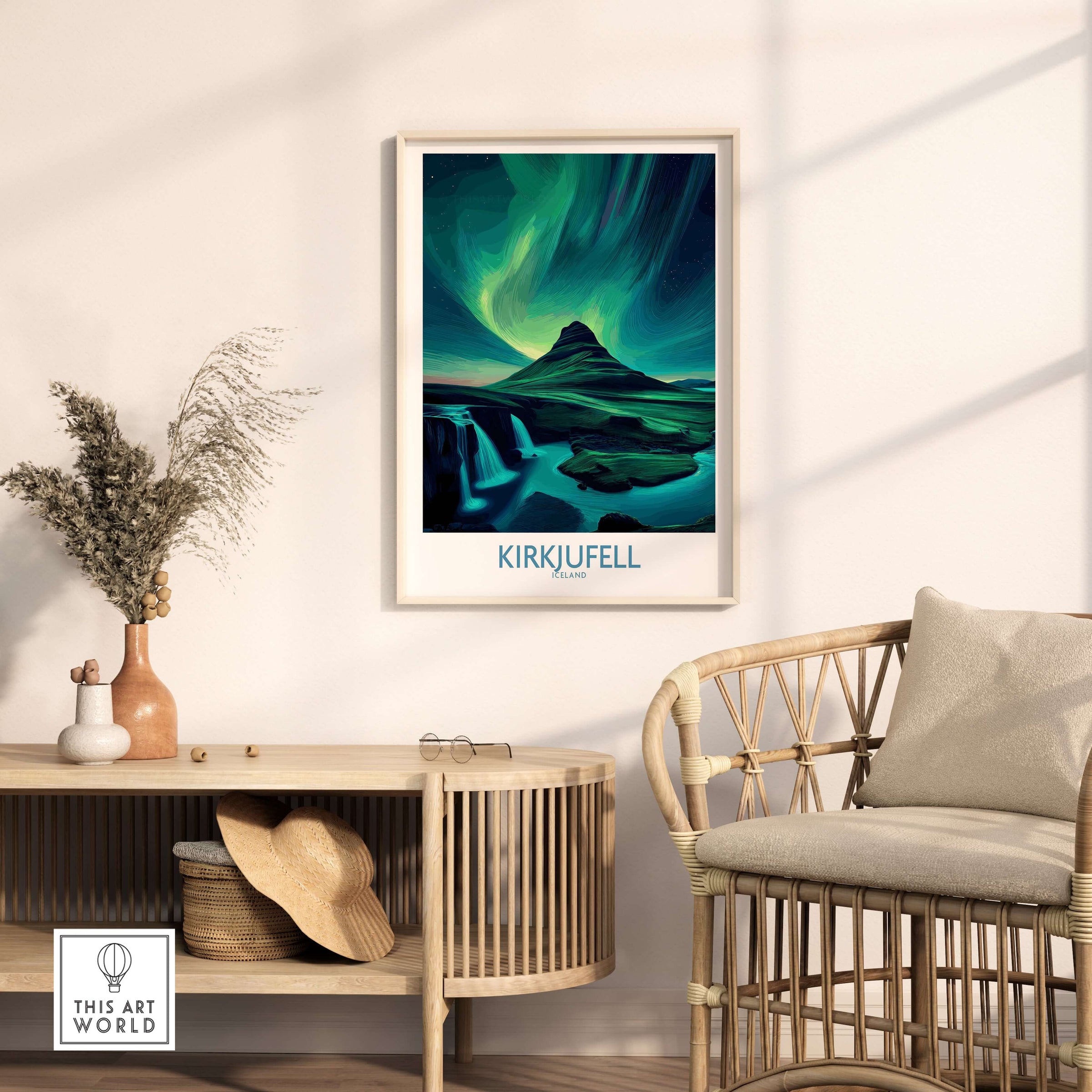 Kirkjufell Iceland Art Print | Waterfall Poster framed on a wall above a cozy chair and decor.