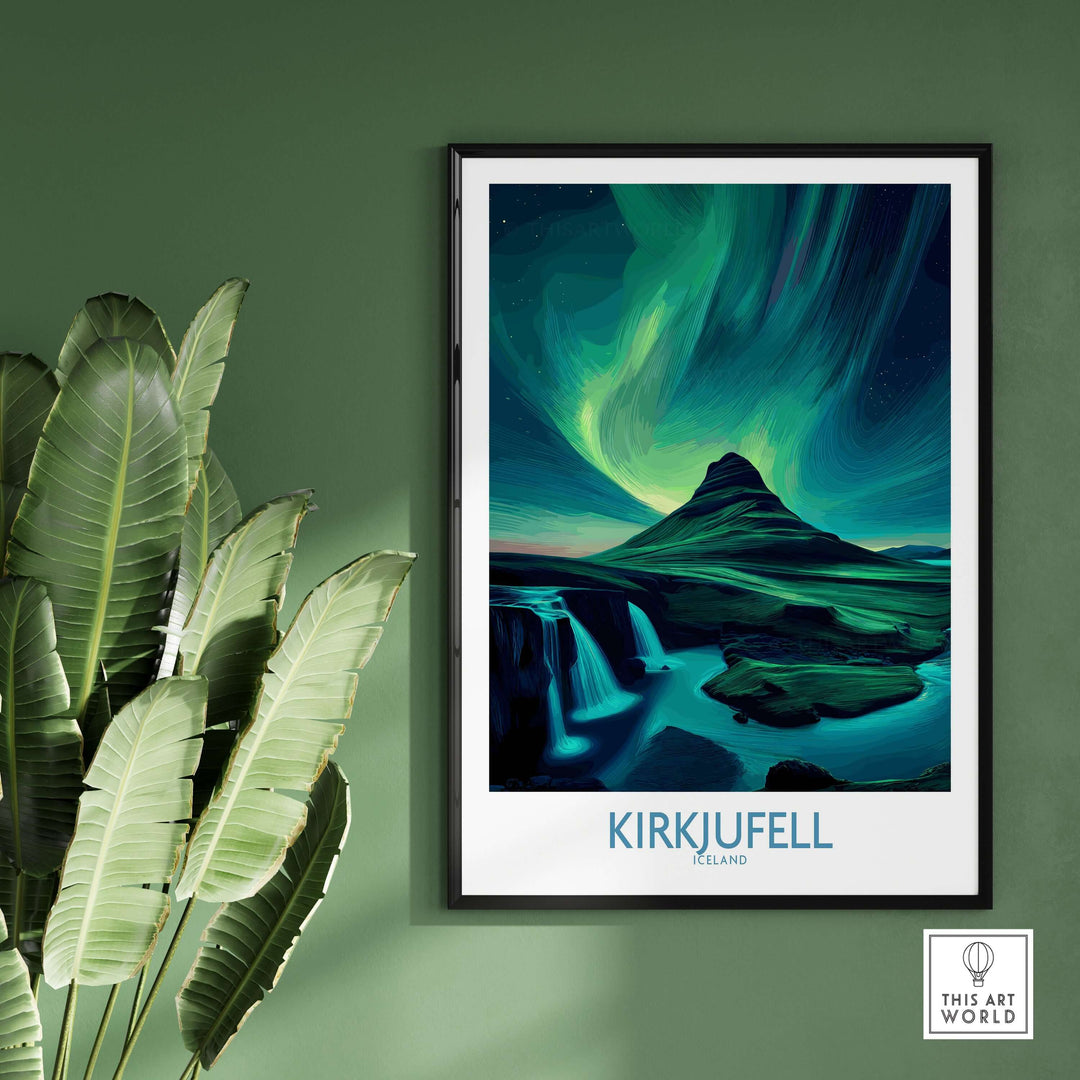 Kirkjufell Iceland Art Print | Waterfall Poster showcasing the mountain and waterfall with vibrant colors.