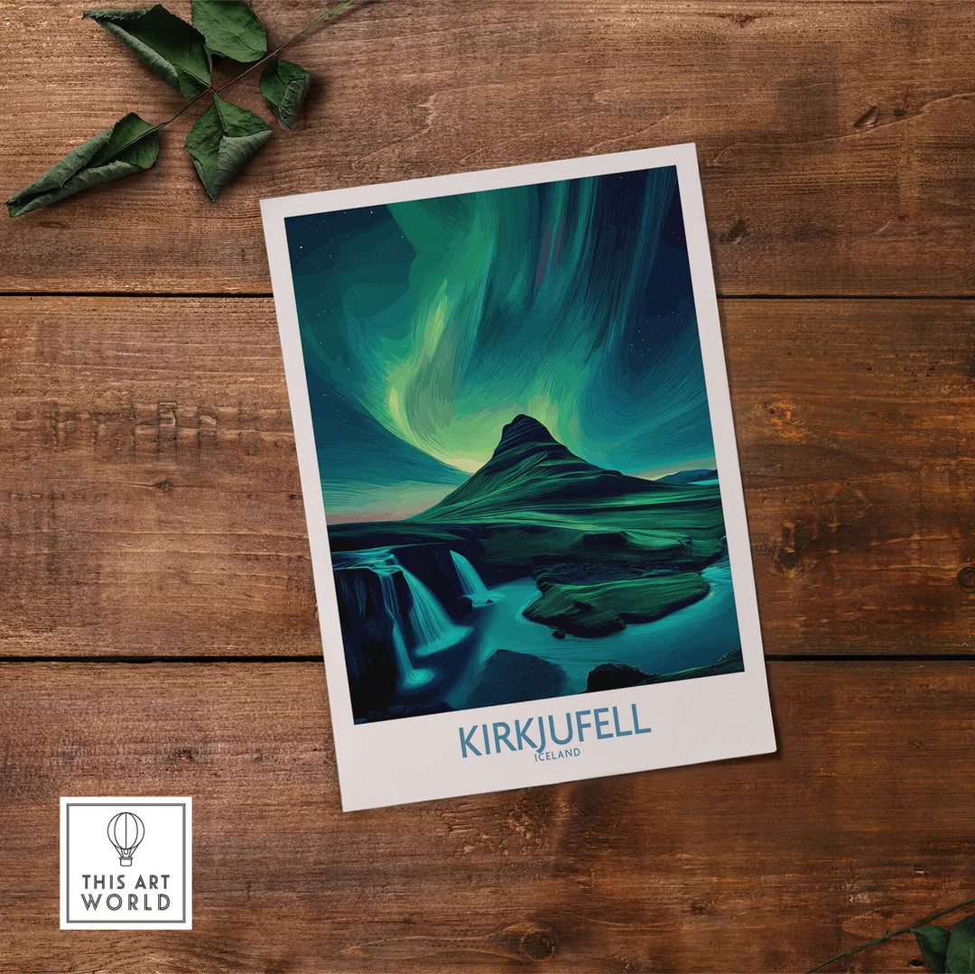 Kirkjufell Iceland Art Print | Waterfall Poster featuring vibrant mountain and northern lights design.
