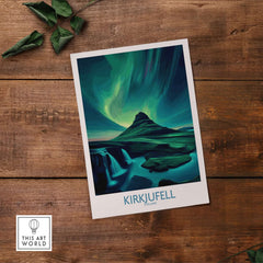 Kirkjufell Iceland Art Print | Waterfall Poster featuring the iconic mountain and vibrant northern lights.
